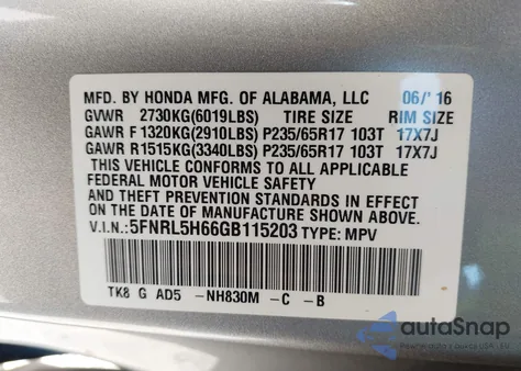 2016 Honda Odyssey Ex-L из США, поврежденный, VIN 5FNRL5H66GB115203